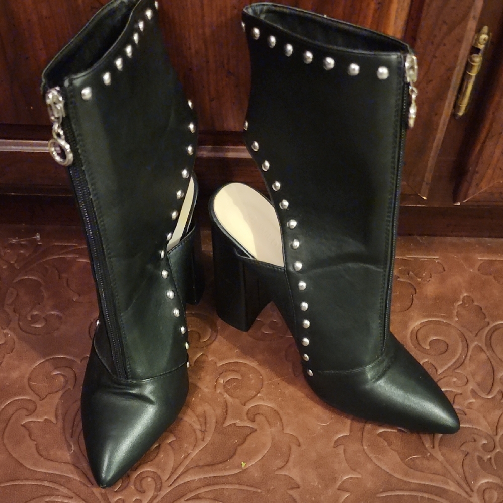 Black Heeled Boots with Stiletto Heel and Studded Design